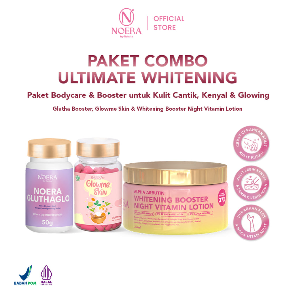 Noera Paket Combo Ultimate Whitening | Glow Me Skin Improve Formula & Glutha Booster Improve Formula & Whitening Booster Night Vitamin Lotion
