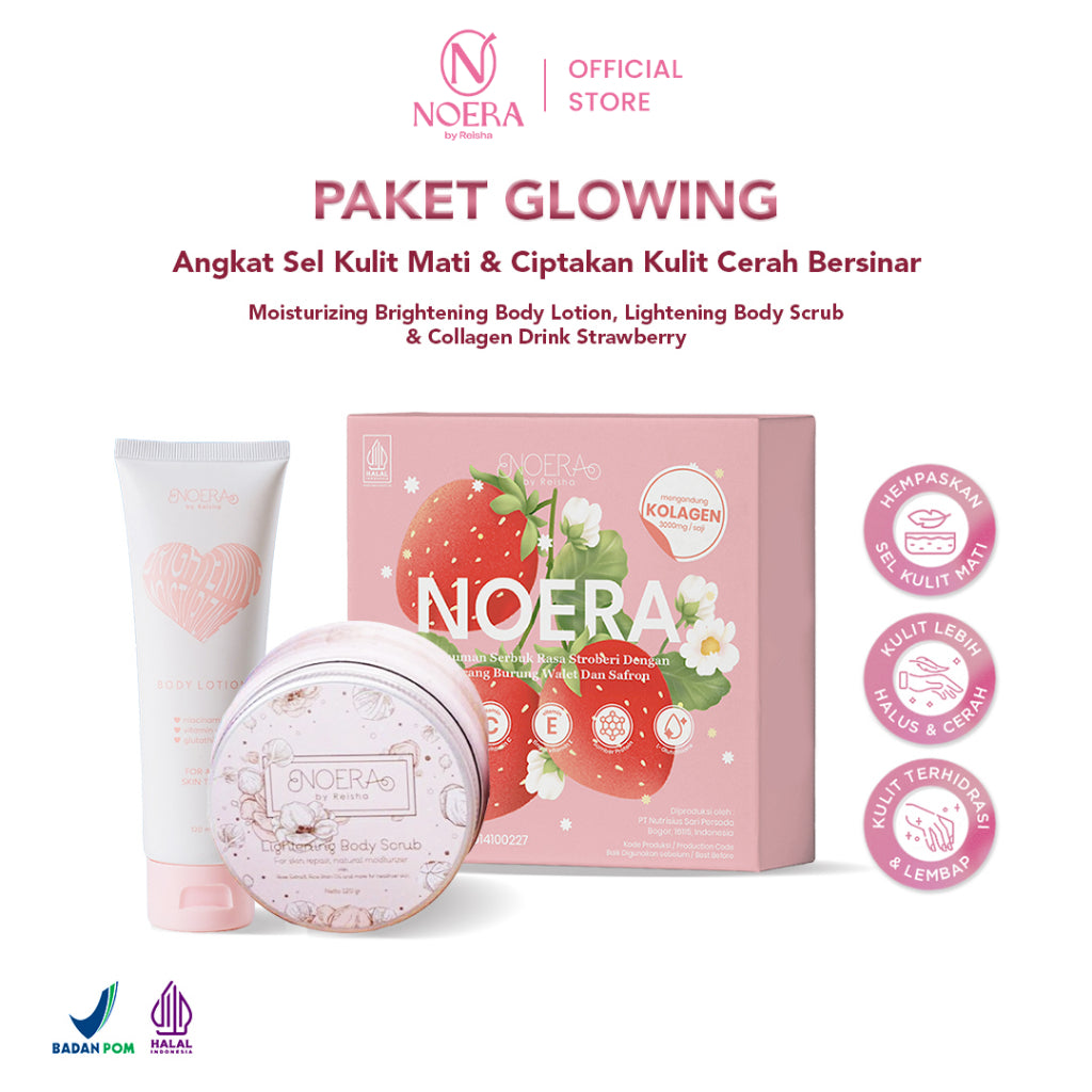 Noera Paket Glowing | Collagen Drink Improved Formula + Moisturizing Brightening Body Lotion + Lightening Body Scrub