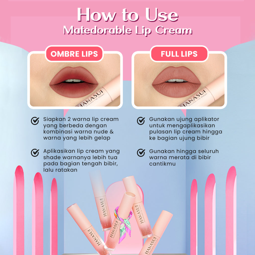 Hanasui Mattedorable Lip Cream - Velvet Matte Finish Melembabkan Ringan Tahan Lama Pigmented Olive Oil Vitamin E