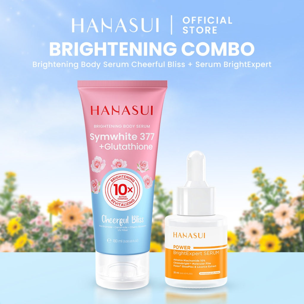 Hanasui Brightening & Protection Combo - Brigthening Body Serum Sunscreen SPF 50 Power Bright Expert Serum Mencerahkan Menenangkan dan Menghidrasi Kulit dengan kandungan Niacinamide Symwhite377 dan Vitamin E