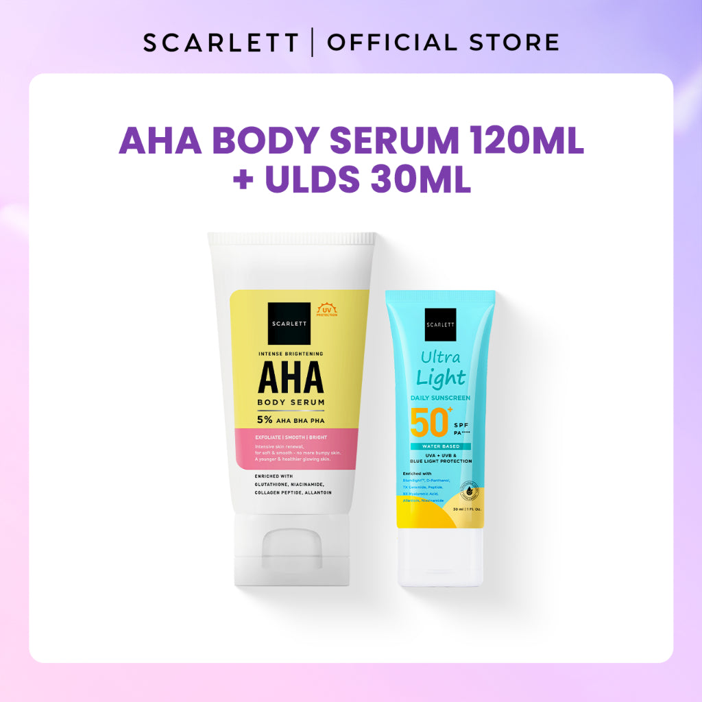 Scarlett AHA Combo Care - Bundle AHA Body Serum (Shower Gel, Ultra Light Daily Sunscreen, Aqua Gel Moisturizer) Untuk Kulit cerah, lembut, dan terlindungi setiap hari