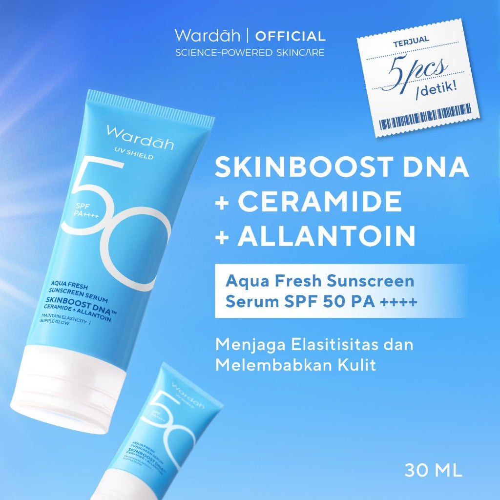 WARDAH UV Shield Aqua Fresh Sunscreen Serum SPF 50 PA++++ 30 ml - Melembabkan Kulit Kering, Memperbaiki Skin Barrier, Melindungi Kulit secara Maksimal - Ringan, Cepat Meresap, Tidak Lengket, No Whitecast, Non comedogenic, 0% Alkohol - Skincare