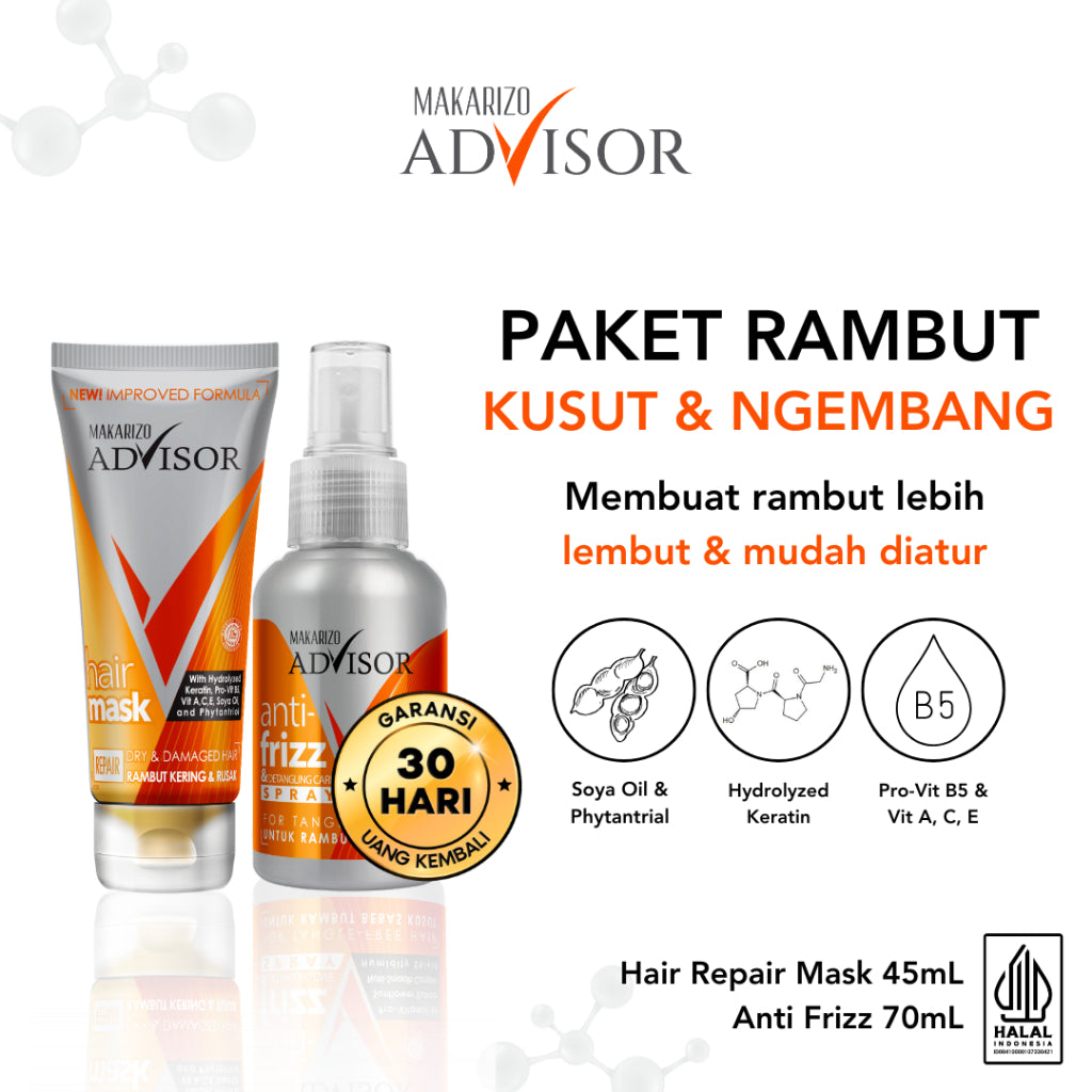 PAKET RAMBUT KUSUT & NGEMBANG - Makarizo Advisor Hair Repair Mask 45mL + Anti Frizz 70mL