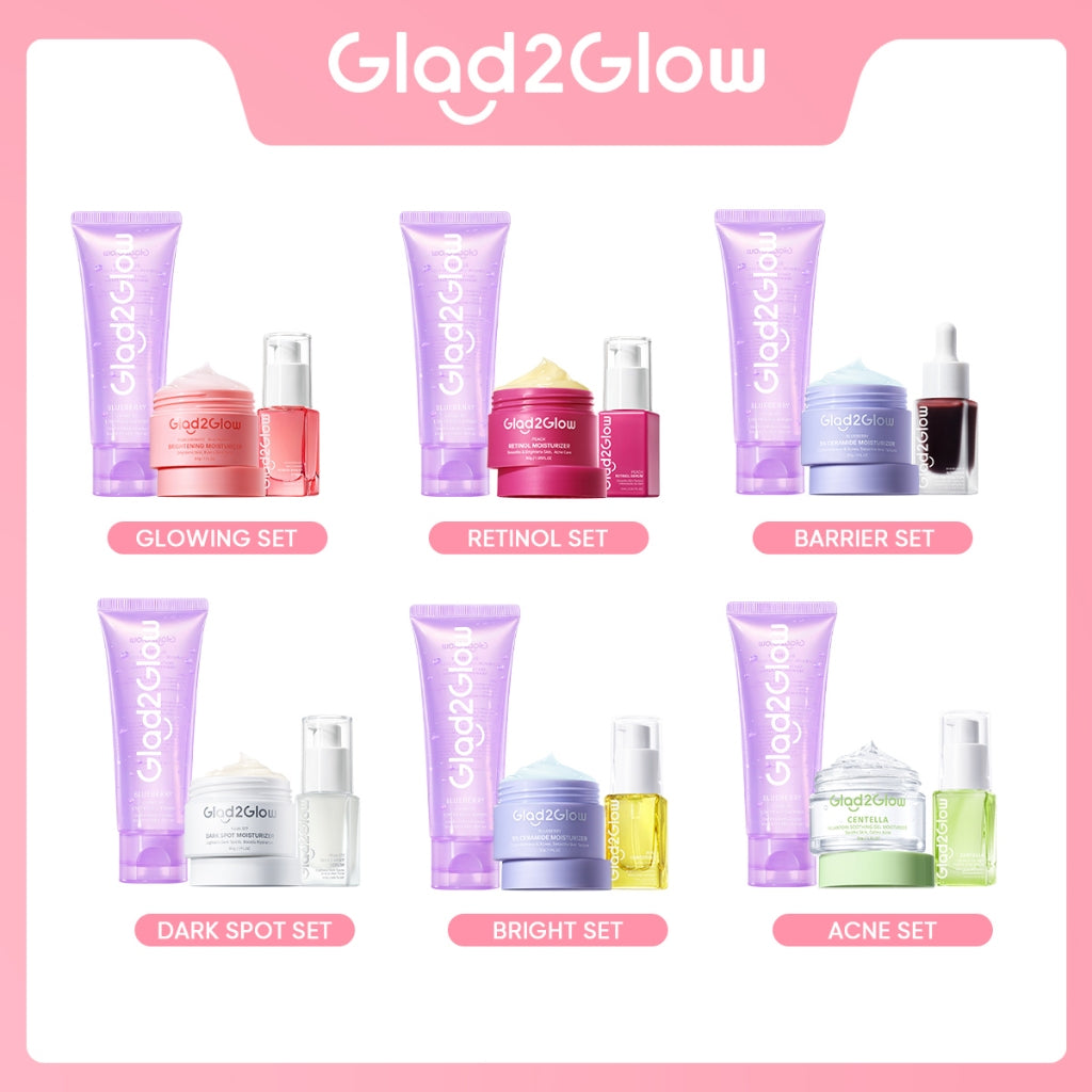 Glad2Glow bundle 3in1 paket Skincare- Moisturizer+Serum+Cleanser- Face Wash Glowing Kit Dark Spot Acne Kit Mencerahkan warna kulit Menghilangkan jerawat Anti penuaan kulit halus Mencerahkan bintik hitam Beauty Sets & Packages glad2glow official store