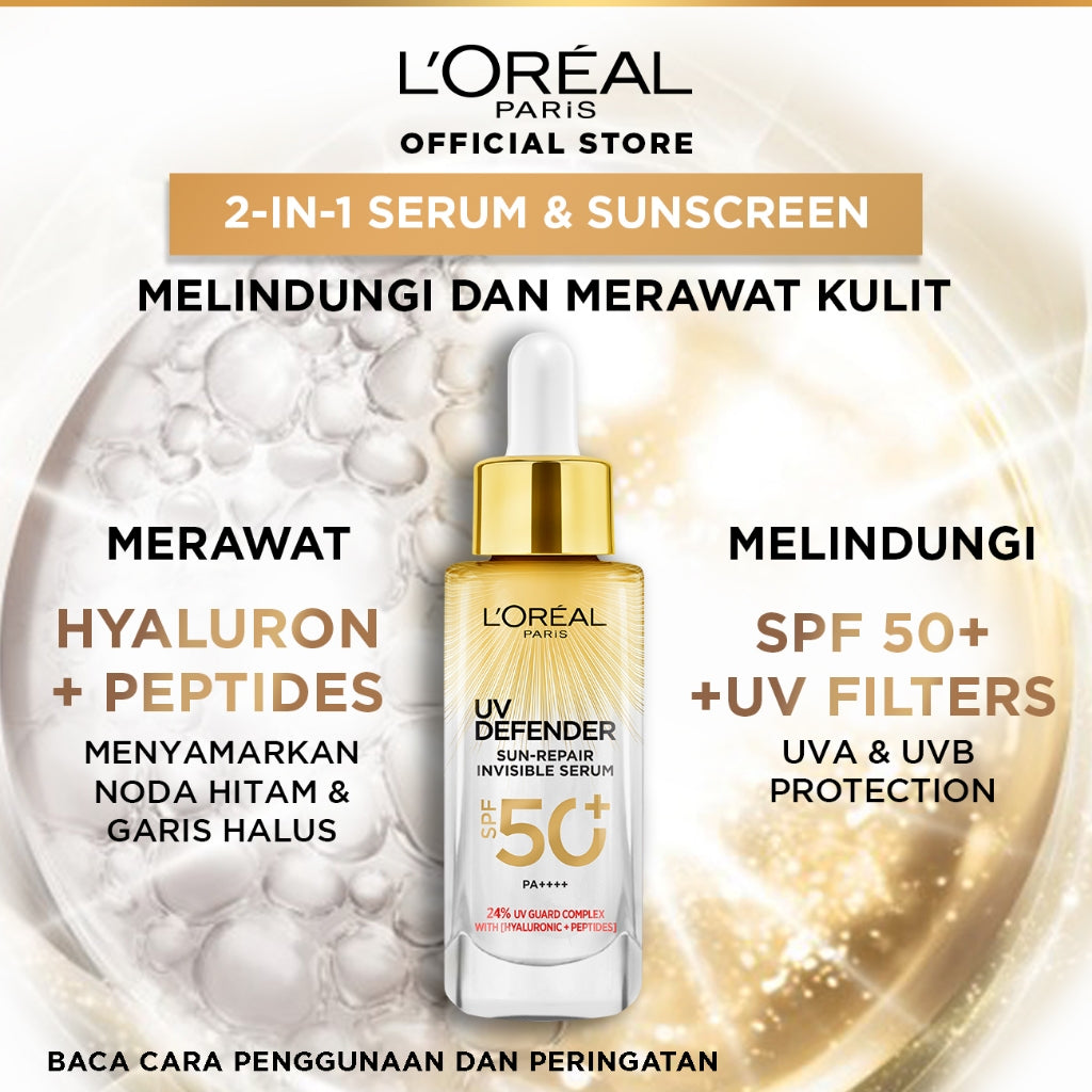 L'Oreal Paris UV Serum Sunscreen SPF 50+ PA++++ - UV Defender Sun-Repair Invisible Serum 2-in-1 Skincare 30ml, Sun Screen, sunblock, suncream, anti aging, loreal sunscreen, serum brightening mencerahkan wajah