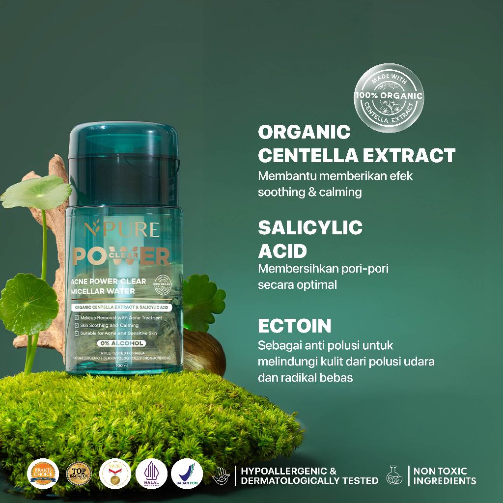 EXCLUSIVE CREATOR - NPURE Cica Acne Toner 150Ml + Ziplock Cica Acne Clear Pad FREE Power Clear Micellar Water 100Ml / Acne Kit / Paket untuk Kulit Jerawat / Pembersih wajah