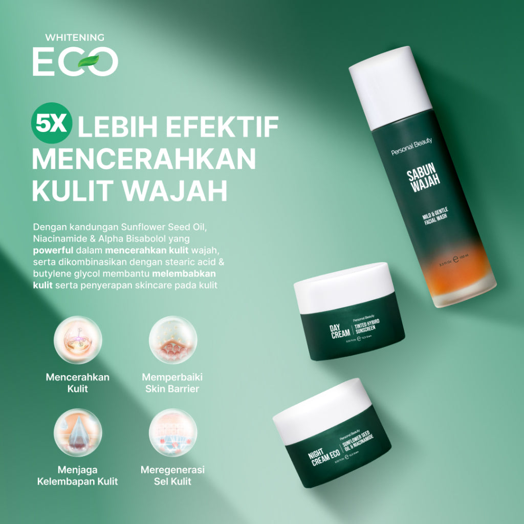 Personal Beauty Set Whitening Eco – Perawatan Wajah Cerah Glowing | Sabun Wajah + Day Cream + Night Cream | Mencerahkan 5x Lebih Cepat Dalam 14 Hari