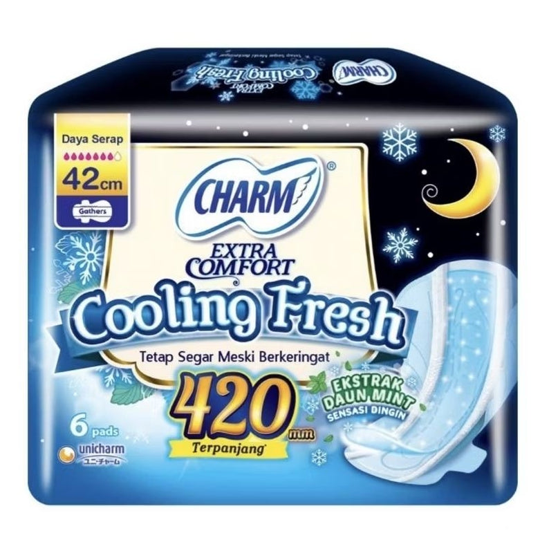 Charm Cooling Fresh Pembalut Wanita Wing Malam Ekstrak Daun Mint 42 cm 6 pcs