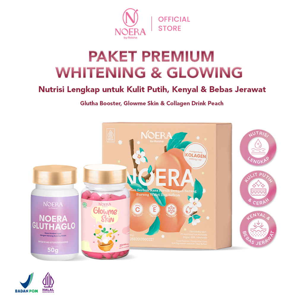 Noera Paket Premium Whitening & Glowing | Collagen Drink, Glow Me Skin, Glutha Booster | Improved Formula