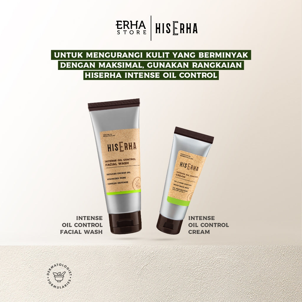 HisErha Intense Oil Control Cream 20g – Suncreen Pelembab Wajah Pria Untuk Kulit Berminyak, Matte Finish, SPF30/PA+++, Terlindung dari Sinar UV, Verified by Dermatologist, Willow Bark Extract, Moisturizing Agent