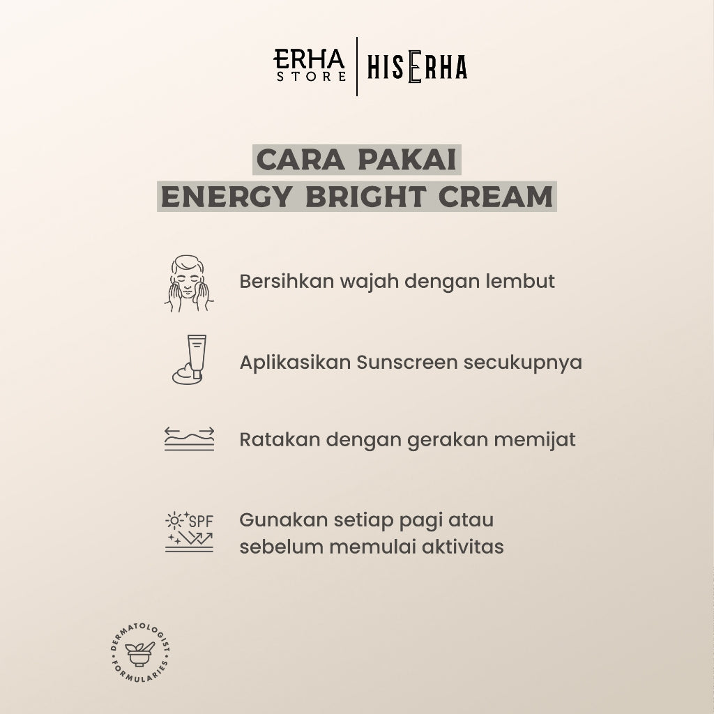 His Erha Energy Bright Cream 20g – Sunscreen Pelembap Wajah Pria untuk Mencerahkan Wajah Kusam, SPF 30/PA+++, Terlindungi dari Sinar UV, Verified by Dermatologist, Niacinamide, Moisturizing Agent, Anti Pollutant