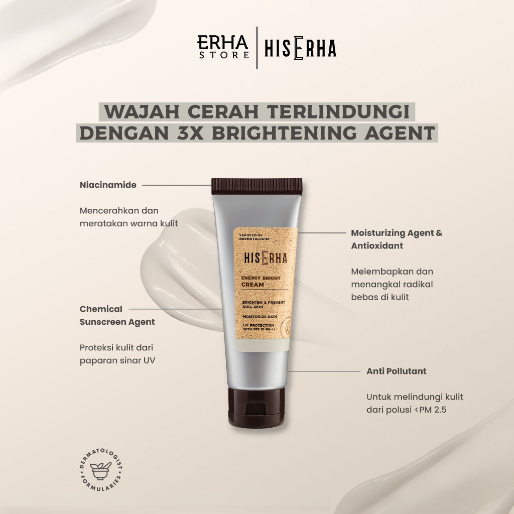 His Erha Energy Bright Cream 20g – Sunscreen Pelembap Wajah Pria untuk Mencerahkan Wajah Kusam, SPF 30/PA+++, Terlindungi dari Sinar UV, Verified by Dermatologist, Niacinamide, Moisturizing Agent, Anti Pollutant