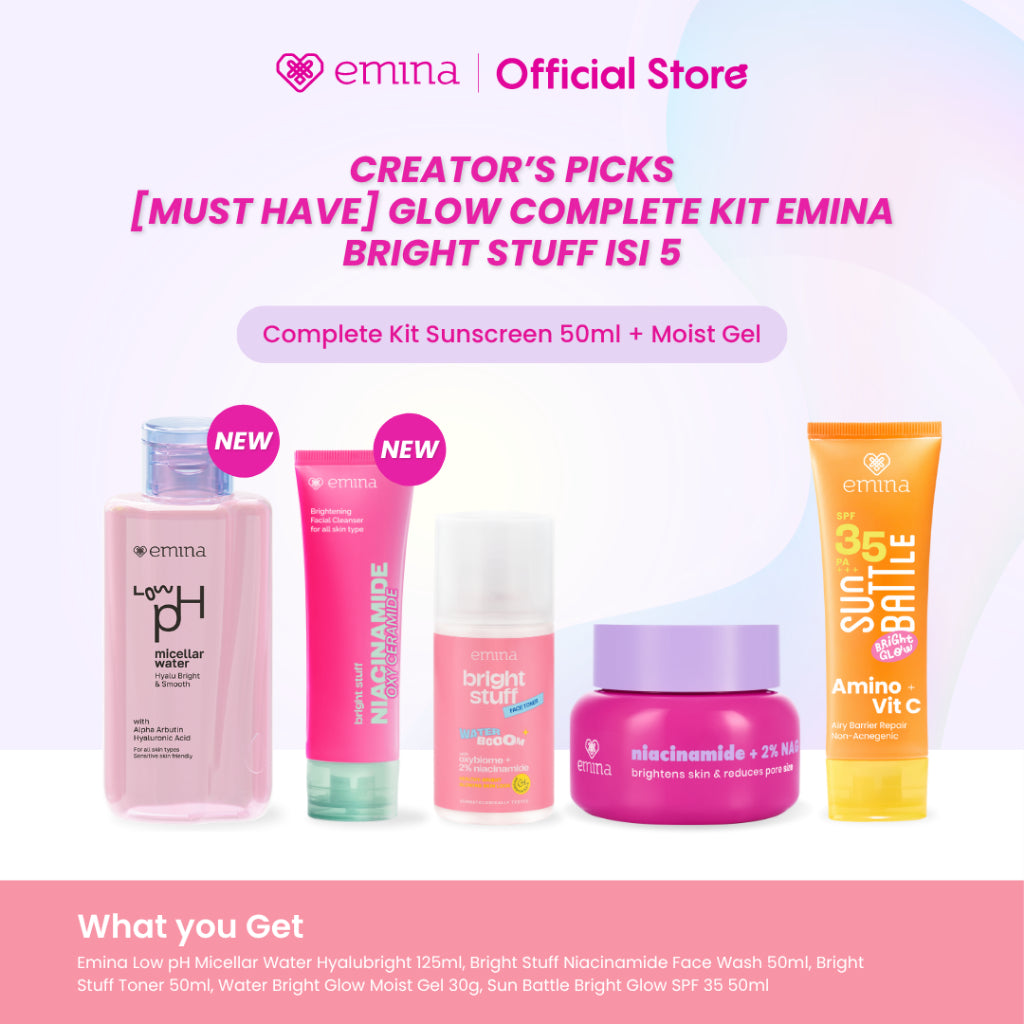 [Creator's PIck] [MUST HAVE] GLOW COMPLETE KIT EMINA BRIGHT STUFF ISI 5 (Micellar Water, Face Wash, Toner, Serum, Moisturizing Cream) Paket Lengkap Cerah Lembap Glowing