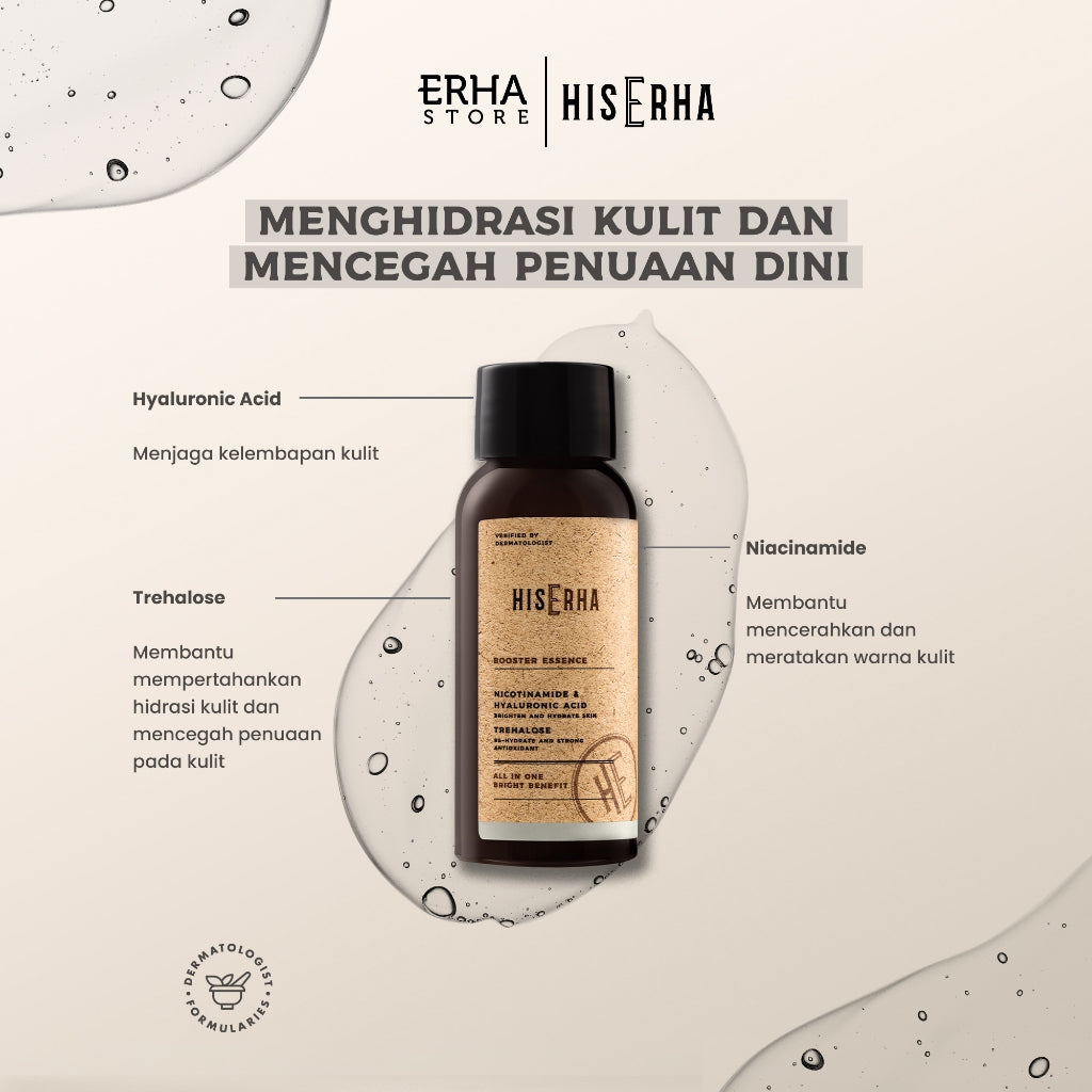 HIS ERHA Booster Essence All In One 60ml - Serum Wajah Pria untuk Mencerahkan, Angkat Kusam, Melembapkan, Meratakan Warna Kulit, Wangi Segar Maskulin, Verified by Dermatologist, Niacinamide, Hyaluronic Acid, Trehalose