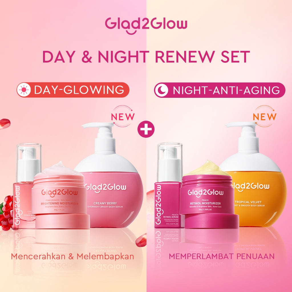 [ORDER NOW, HEMAT 30K]Glad2Glow Day & Night Renew Cerah Bundle Moisturizer+Serum Set Brightening 10%Niacinamide Peeling Eksfoliasi Retinol  tone up Pelembab Tubuh Kit Perawatan Kulit Hidrasi Delima Pelembab Wajah Pencerah Krim Gel g2glow official store