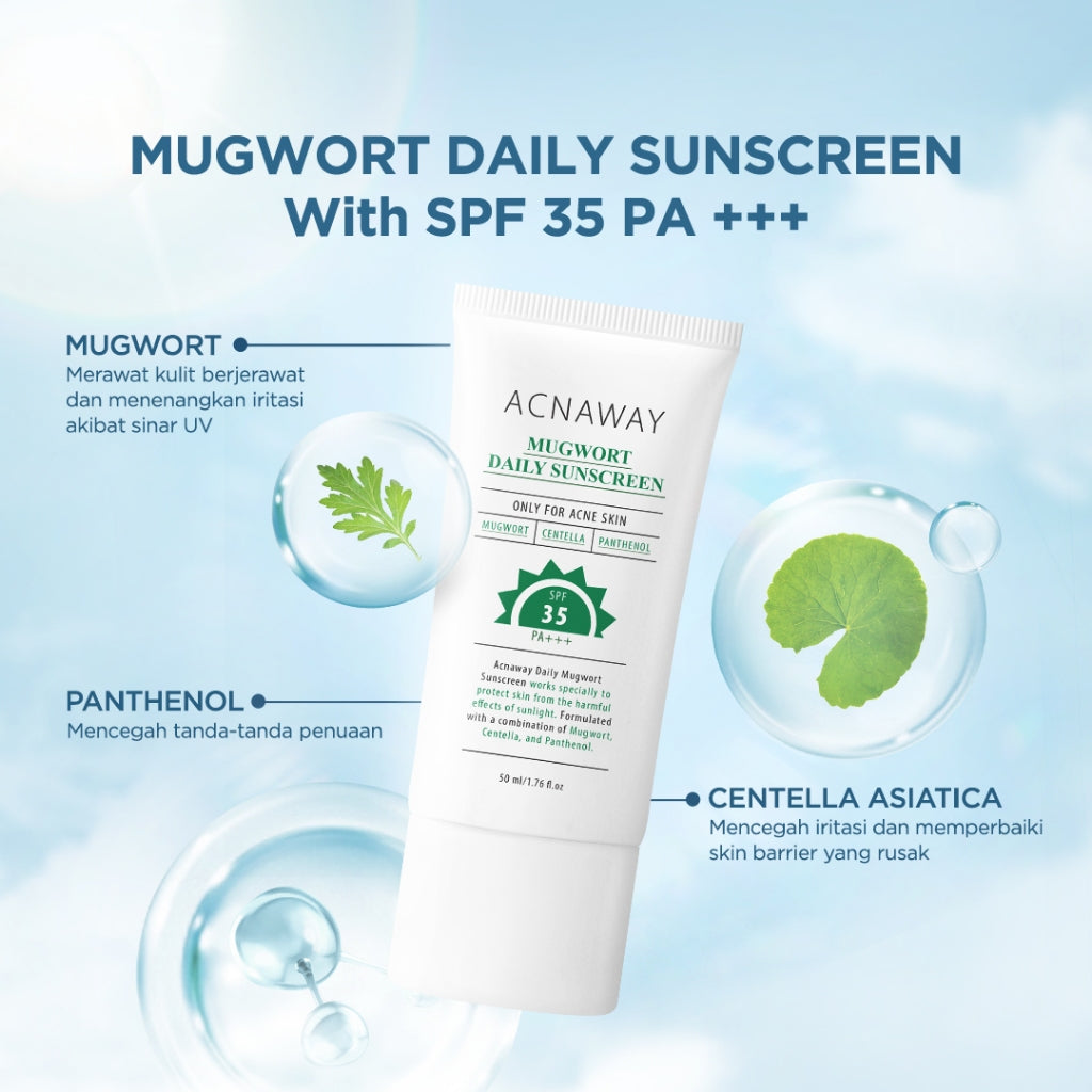 ACNAWAY Mugwort Daily Sunscreen SPF 35 PA+++ – Sunscreen Wajah Ringan UV Protection Lightweight No Whitecase No Comedogenic Acne Calming Tabir Surya Cepat Menyerap untuk Kulit Berjerawat Melembapkan & Melindungi Kulit Berjerawat Cocok Semua Jenis Kulit