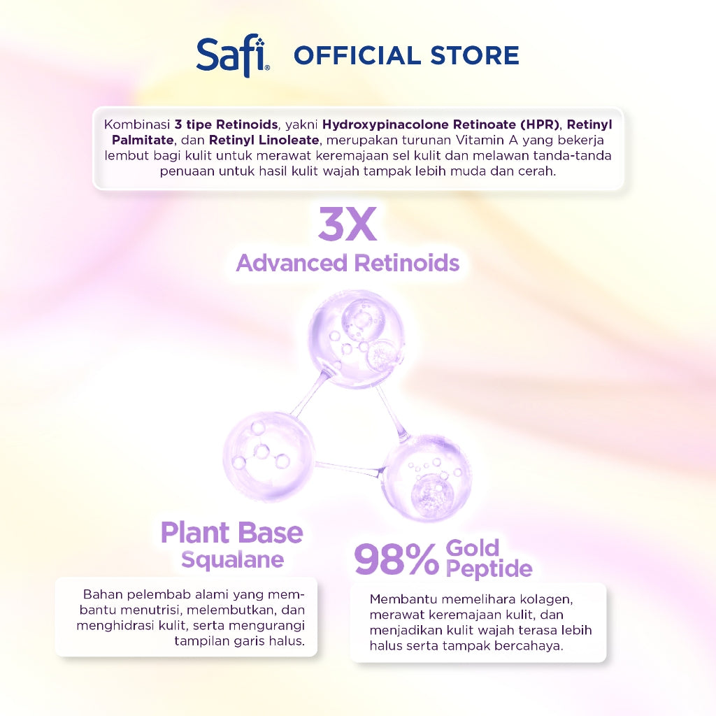 Safi Age Defy 3X Advanced Retinoid Series (Cleanser 100gr, Ampoule 20ml, Moisturizer 40gr) - Sabun Cuci Muka Non SLS, Serum Wajah Glowing, Krim Wajah Anti Aging | Better Than Retinol