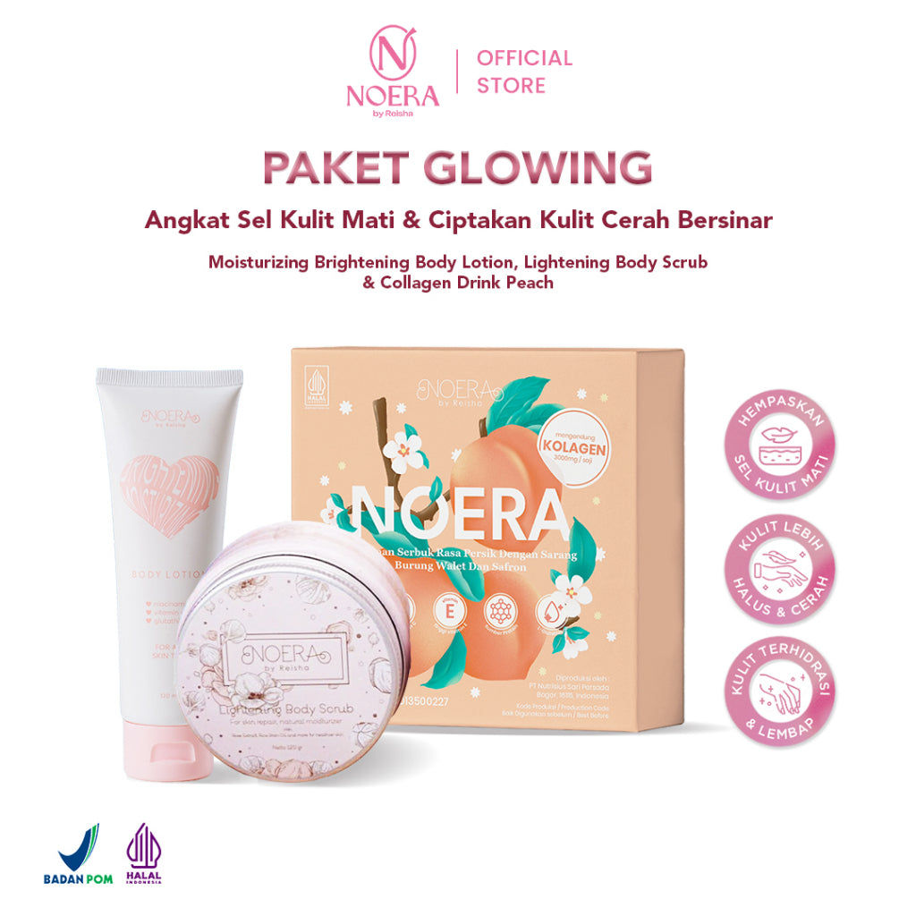 Noera Paket Glowing | Collagen Drink Improved Formula + Moisturizing Brightening Body Lotion + Lightening Body Scrub