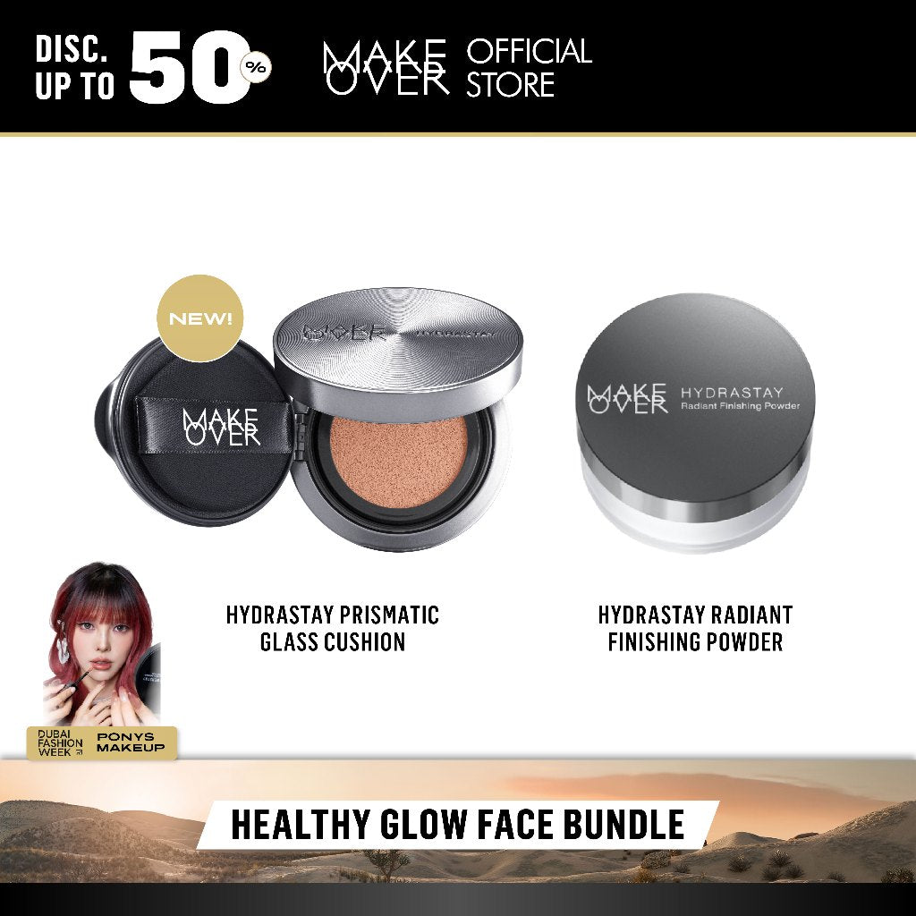 MAKE OVER Healthy Glow Face Bundle: Hydrastay Prismatic Glass Cushion + Hydrastay Radiant Finishing Powder - Paket Complexion Glow Face Makeup Flawless Tahan Lama Matte Powder Foundation Concealer Make Up Wajah