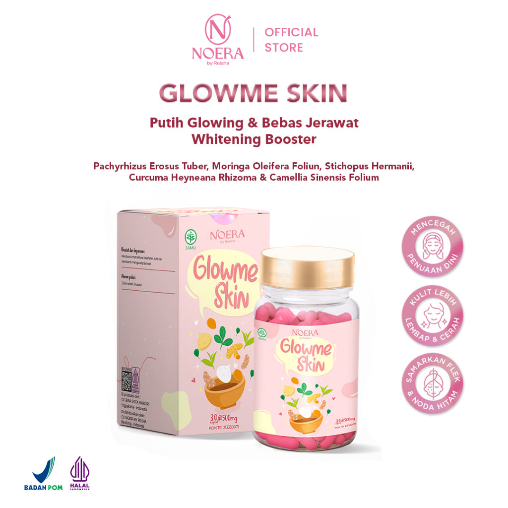Noera Glow Me Skin Improve Formula | Kapsul Pencerah Kulit  | Brightening & Anti Acne Capsule | Whitening Booster | Kapsul Jerawat BPOM | Pil Pencerah Kulit | Suplemen Pencerah Badan | Whitening Booster | Obat Herbal Jerawat | Whitening Supplement