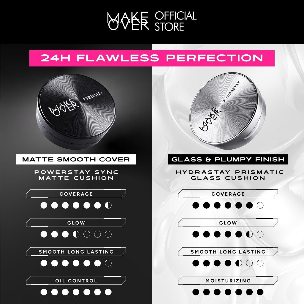 [SPECIAL 11.11] NEW! MAKE OVER Hydrastay Prismatic Glass Cushion - Glow Aqeela Sargio Cushion Plumpy Tahan Cuaca Panas Lembab Anti Crack Smudgeproof Tidak Cakey Tidak Crease High Coverage Tahan Banting Radiant Foundation Compact Makeup