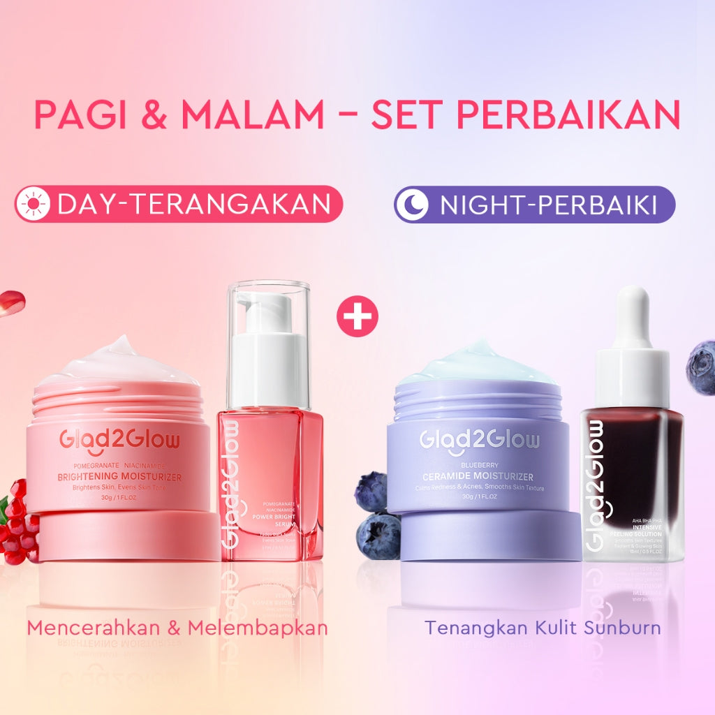 [ORDER NOW, HEMAT 30K]Glad2Glow Day & Night Renew Cerah Bundle Moisturizer+Serum Set Brightening 10%Niacinamide Peeling Eksfoliasi Retinol  tone up Pelembab Tubuh Kit Perawatan Kulit Hidrasi Delima Pelembab Wajah Pencerah Krim Gel g2glow official store