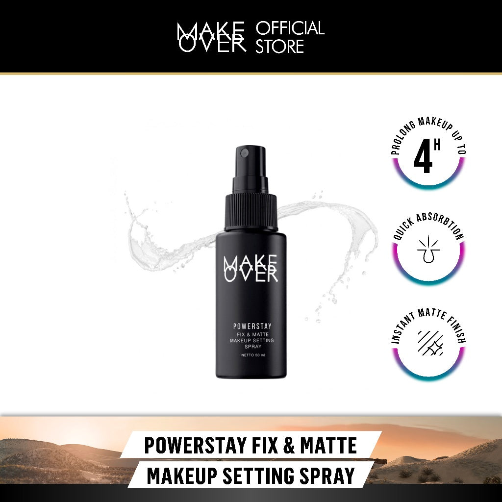MAKE OVER Powerstay Fix & Matte Setting Spray - Makeup Tahan Lebih Lama Matte Finish Tidak Luntur Nyaman Makeup Tidak Lengket Ringan Hasil Matte Non-Comedogenic BEST SELLER Oil Control Fine Mist Quick Drying Formula Lebaran Raya