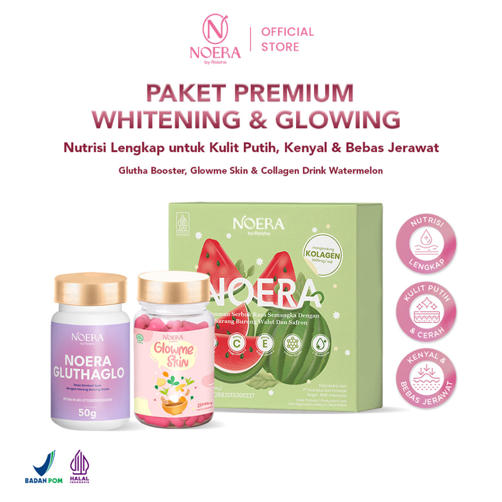 Noera Paket Premium Whitening & Glowing | Collagen Drink, Glow Me Skin, Glutha Booster | Improved Formula