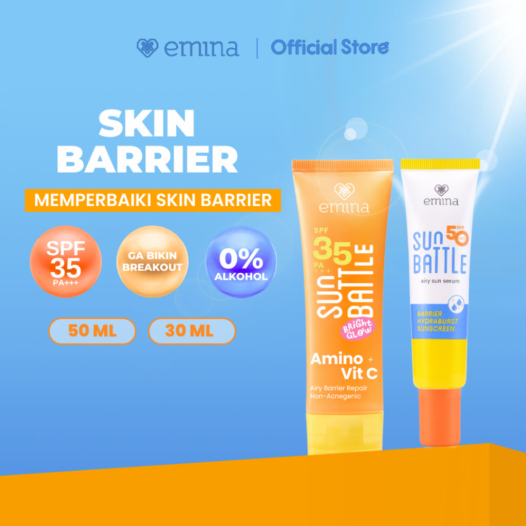 Emina Sunscreen Indoor & Outdoor SPF 35 Amino Vit. C Bright Glow & SPF 50 Cica Acne Fighter atau SPF 50 Ceramide Skin Barrier  [Teruji In Vivo, Non acnegenic, Non comedogenic, Ringan, Cerah, Hydrating]