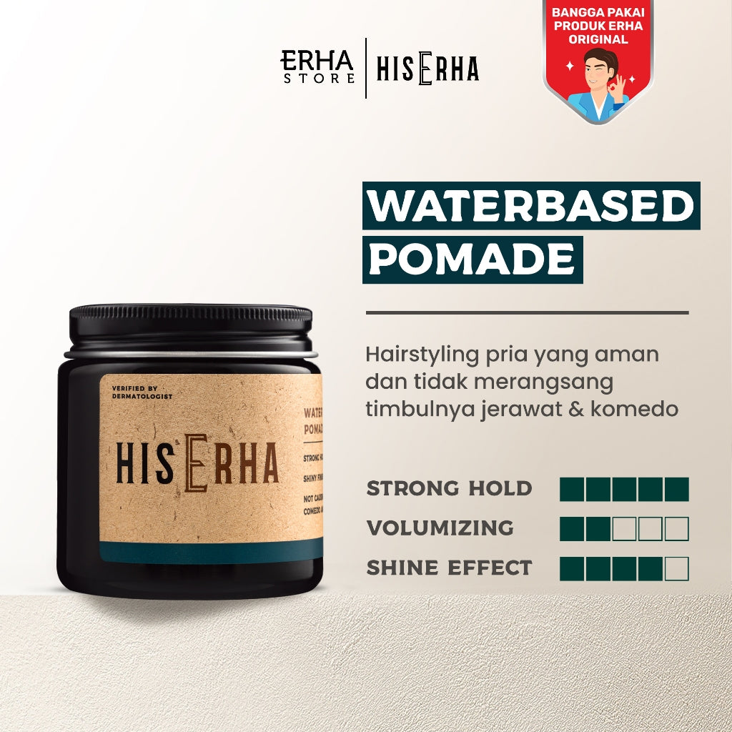 HIS ERHA Waterbased Pomade 120g - Hair Styling Pria Untuk Hasil Sleek, Strong Hold, Mudah Dicuci, Aman & Tidak Menyebabkan Timbulnya Jerawat & Komedo, Wangi Segar Maskulin, Verified by Dermatologist, Glyserin, Vitamin E, Promois, Phytenso