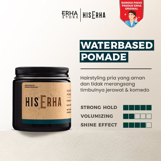 HIS ERHA Waterbased Pomade 120g - Hair Styling Pria Untuk Hasil Sleek, Strong Hold, Mudah Dicuci, Aman & Tidak Menyebabkan Timbulnya Jerawat & Komedo, Wangi Segar Maskulin, Verified by Dermatologist, Glyserin, Vitamin E, Promois, Phytenso