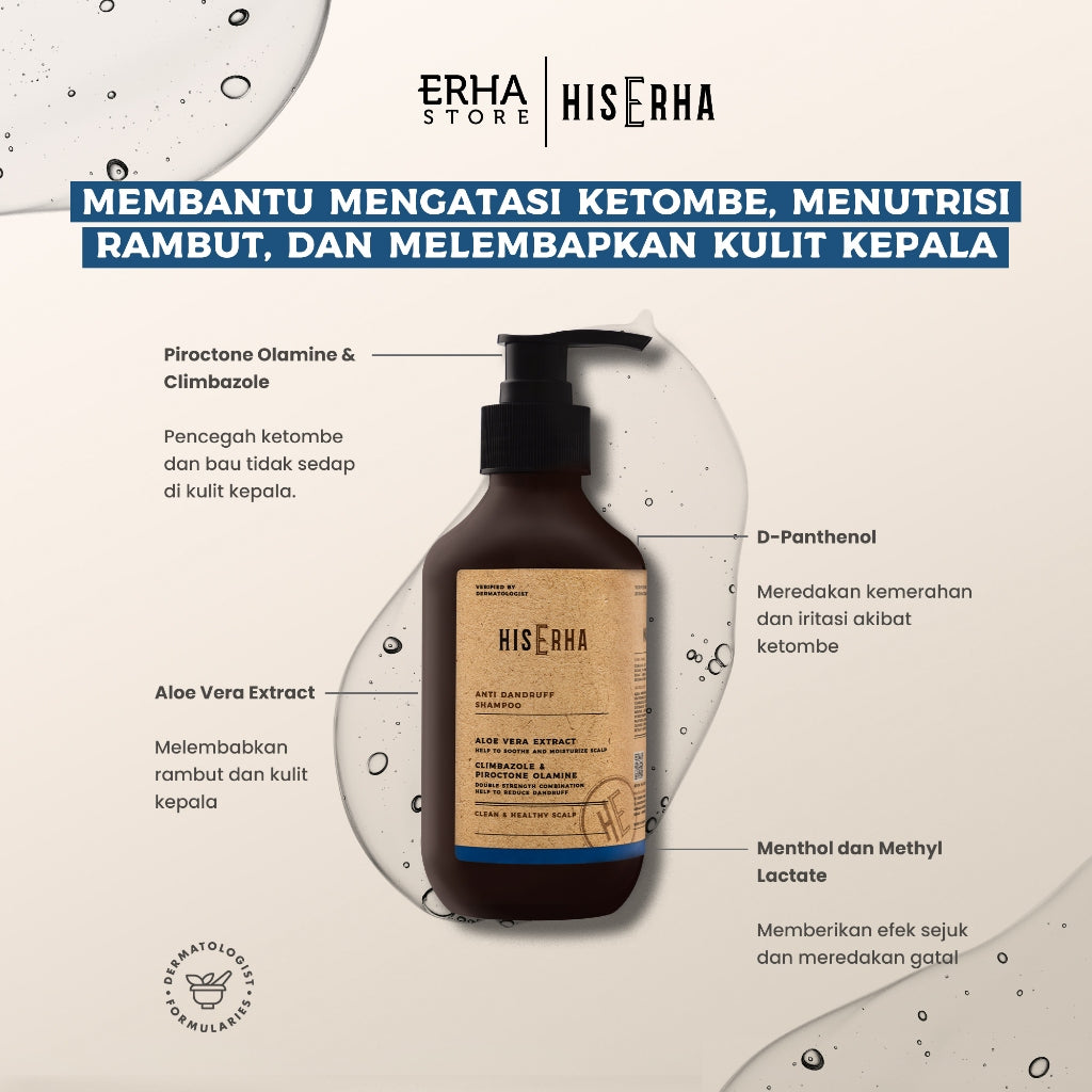 HIS ERHA Anti Dandruff Shampoo 270ml - Shampoo khusus Pria untuk Membantu Mengatasi Ketombe/Gatal, Menutrisi Rambut, dan Melembapkan Kulit Kepala, Wangi Segar Maskulin, Verified by Dermatologist, Piroctone Olamine & Climbazole, D-Panthenol, Aloe Vera