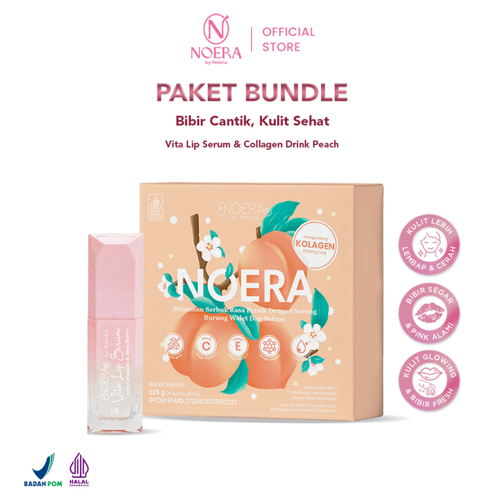 Noera Paket Collagen Drink Improved Formula & New Vita Lip serum | Minuman Kolagen Glutathione Pencerah | Premium Collagen Drink | Colagen Beauty Drink | Beauty Booster
