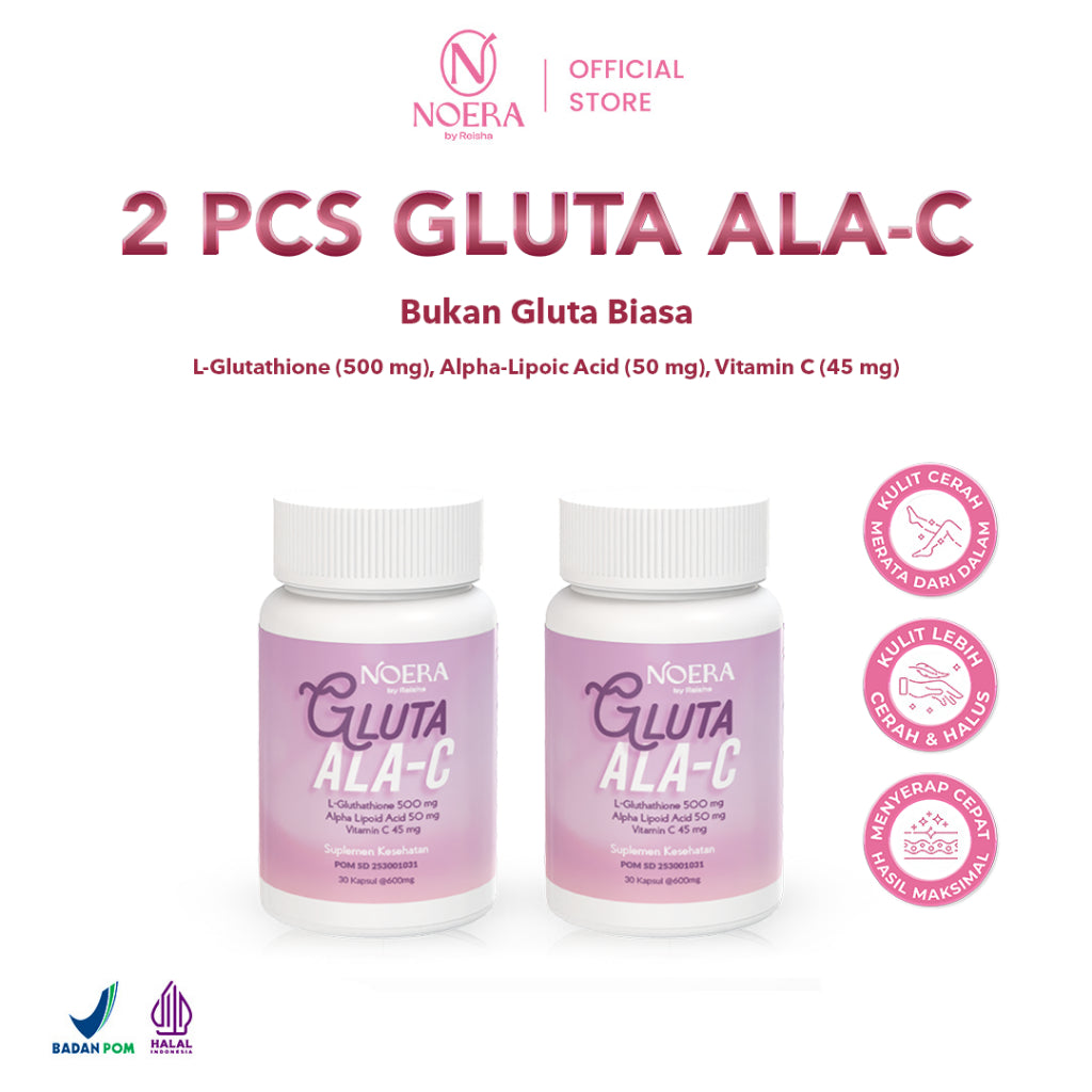 Noera 2 Pcs Gluta ALA-C | Noera Suplement Whitening L-Glutathione 500mg | Noera Whitening Capsule | L-Glutathione 500mg Alpha Lipolic Acid 50mg Vitamin C 45mg | Whitening Booster Suplemen Kecantikan