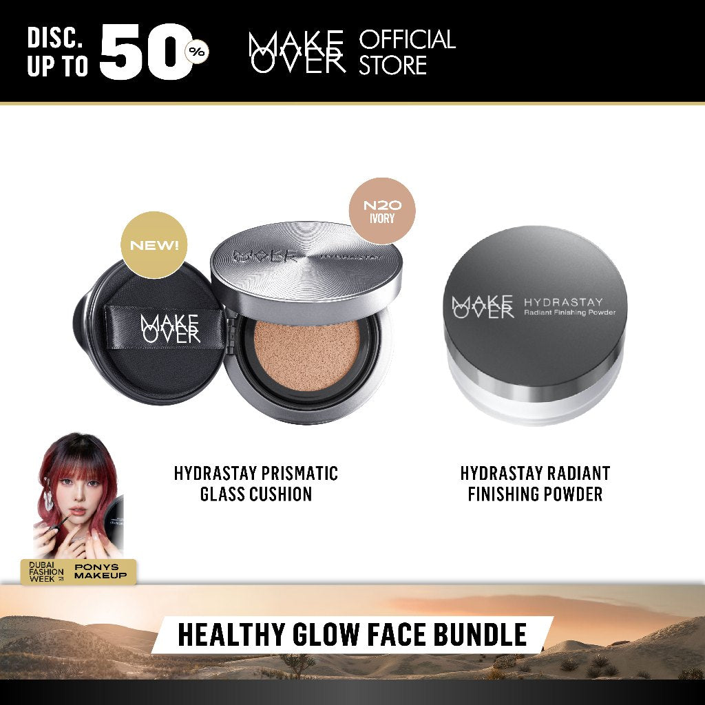 MAKE OVER Healthy Glow Face Bundle: Hydrastay Prismatic Glass Cushion + Hydrastay Radiant Finishing Powder - Paket Complexion Glow Face Makeup Flawless Tahan Lama Matte Powder Foundation Concealer Make Up Wajah