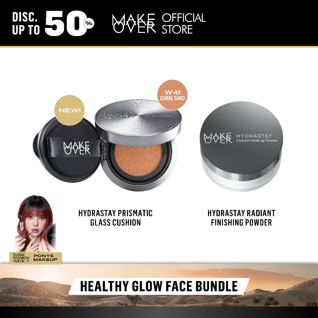 MAKE OVER Healthy Glow Face Bundle: Hydrastay Prismatic Glass Cushion + Hydrastay Radiant Finishing Powder - Paket Complexion Glow Face Makeup Flawless Tahan Lama Matte Powder Foundation Concealer Make Up Wajah