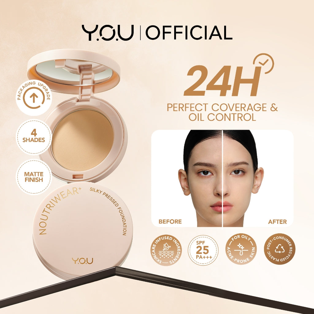 YOU NoutriWear+ Silky Pressed Foundation Full Coverage Oil Control & Tahan Lama 24 Jam | Bedak Padat Perfect Coverage | Bedak Pengontrol Minyak