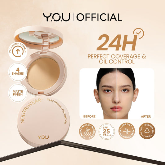 YOU NoutriWear+ Silky Pressed Foundation Full Coverage Oil Control & Tahan Lama 24 Jam | Bedak Padat Perfect Coverage | Bedak Pengontrol Minyak