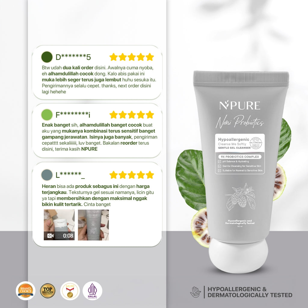 TRAVEL KIT - NPURE Cleanser Gel Noni Mini 50Ml / Cleanse Me Softly / Gentle Skin Cleanser / Pembersih Wajah Hypoallergenic / Sensitive Approved / Eczema / Semua Jenis Kulit / ph Balance / Travel Size