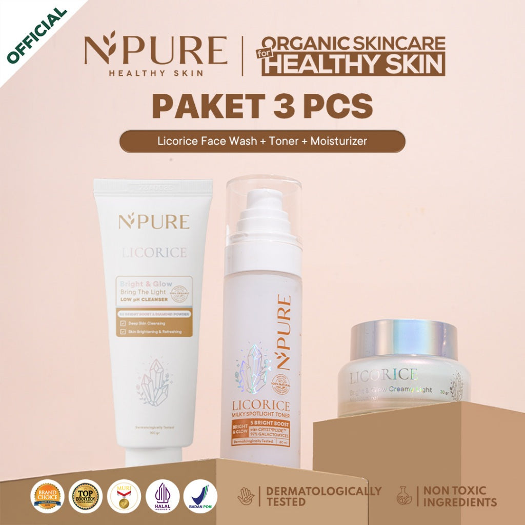 NPURE - 3 PCS -  Paket Face Wash + Toner + Moisturizer - Cica Acne - Marigold Anti Aging - Noni Sensitive - Licorice Brightening and Glowing Mencerahkan Wajah Beruntusan