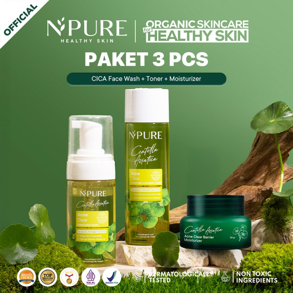 NPURE - 3 PCS -  Paket Face Wash + Toner + Moisturizer - Cica Acne - Marigold Anti Aging - Noni Sensitive - Licorice Brightening and Glowing Mencerahkan Wajah Beruntusan