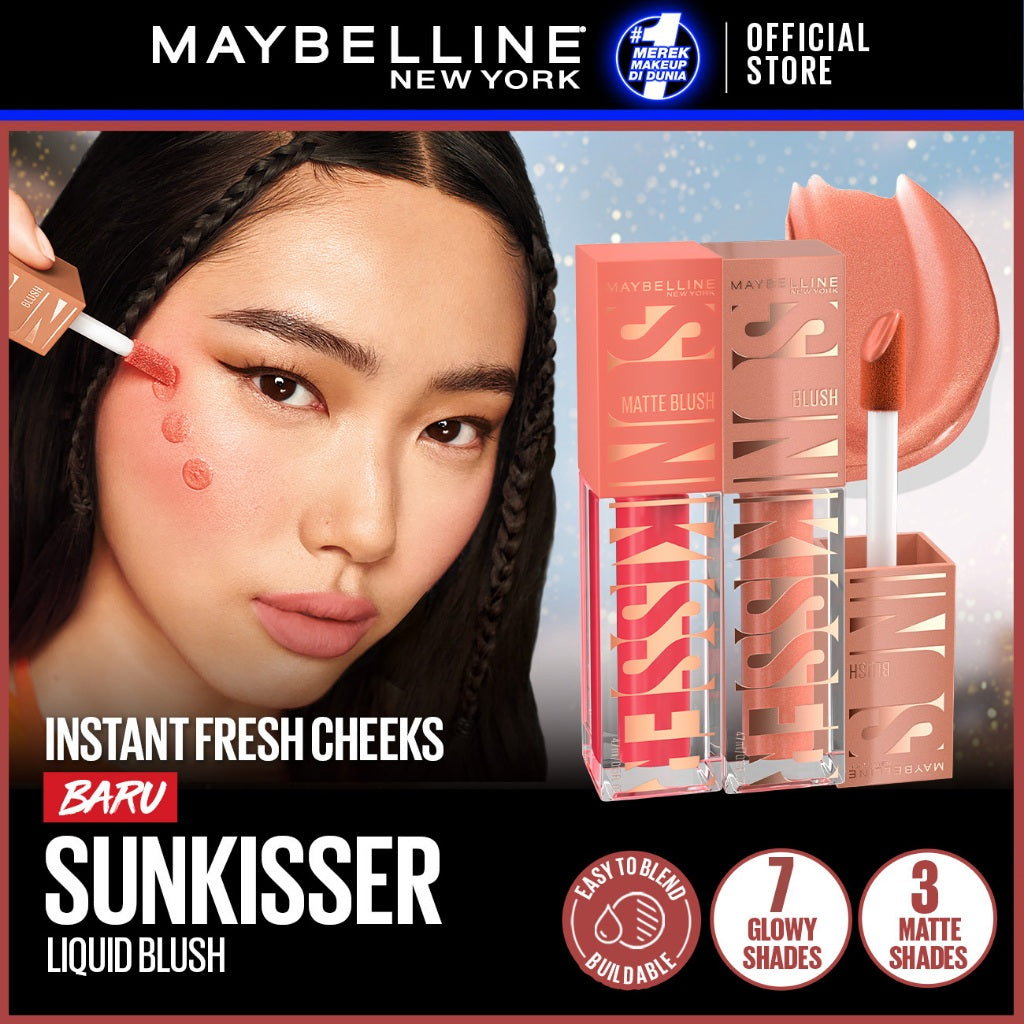 MAYBELLINE OFFICIAL Sunkisser Liquid Blush 5.4mL Instant Fresh Cheeks Glow Matte Cream Blush Liquid Blush Highlighter Blush On Cair Buildable Mudah Di Blend Pigmented Ringan Tahan Lama Tinted Serum