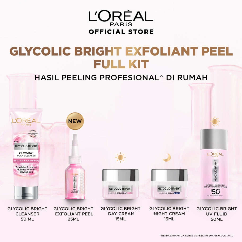 [BARU] Paket Skincare Glycolic Bright Exfoliant Peel, Moisturizer, Serum, Sunscreen, Cleanser, Full Kit Paket | Peeling Solution Hasil Seperti Peeling Profesional Di Rumah Menyamarkan Noda Hitam Bekas Jerawat Acne | Eksfoliasi Kulit Mati