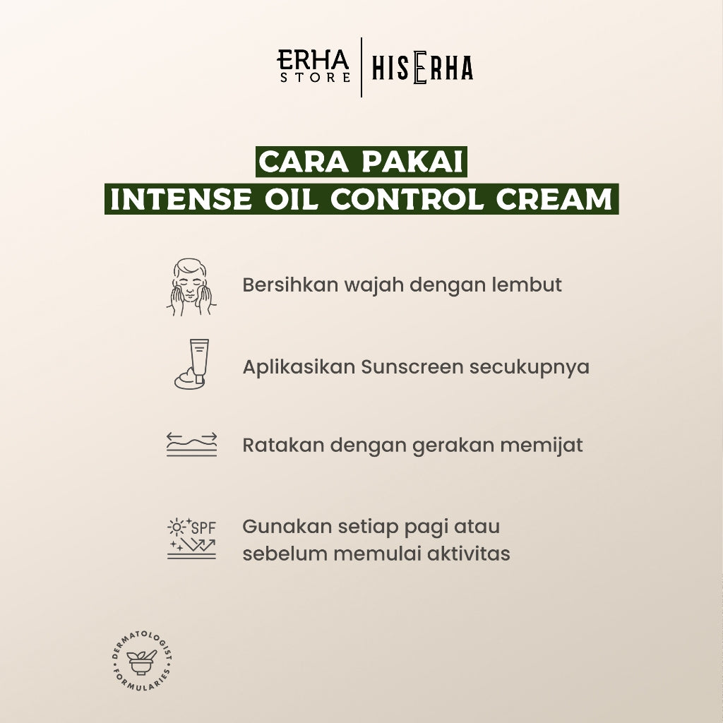 HisErha Intense Oil Control Cream 20g – Suncreen Pelembab Wajah Pria Untuk Kulit Berminyak, Matte Finish, SPF30/PA+++, Terlindung dari Sinar UV, Verified by Dermatologist, Willow Bark Extract, Moisturizing Agent