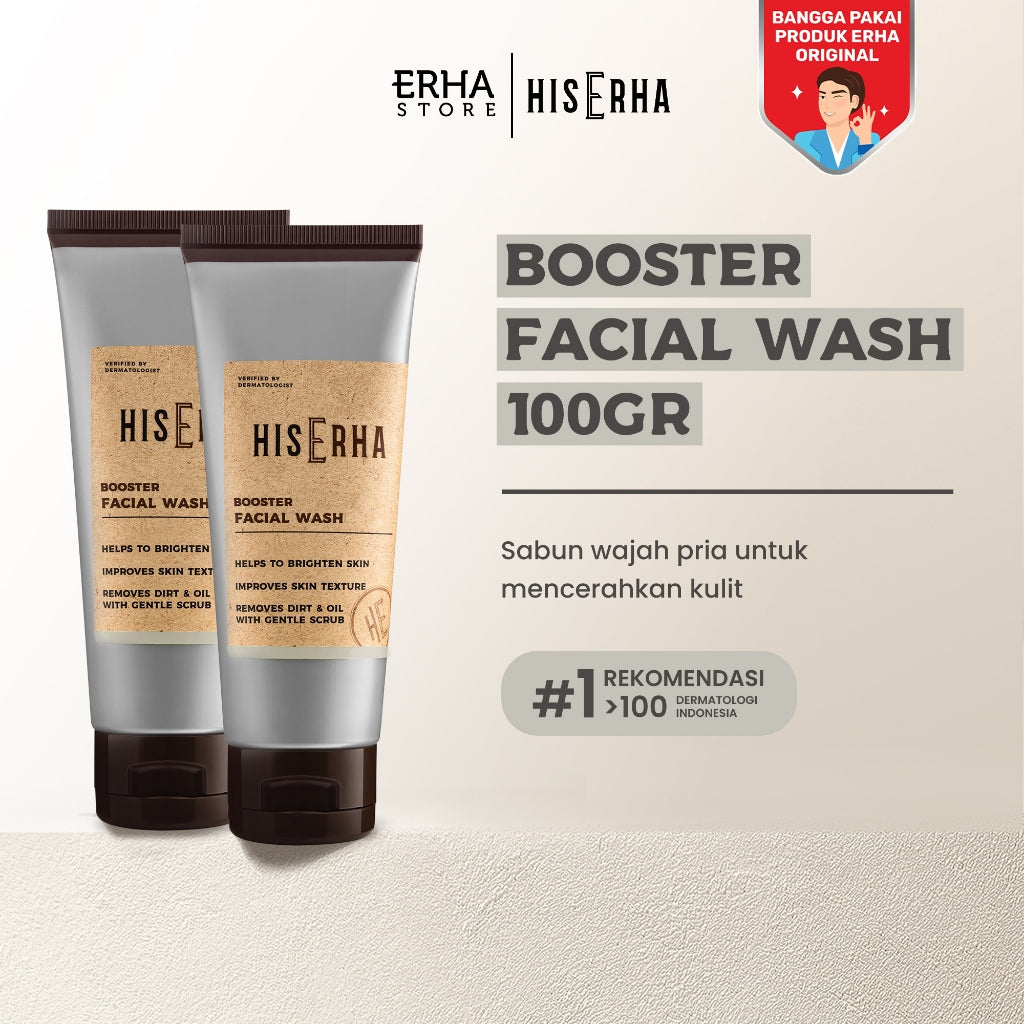HIS ERHA Brightening Booster Facial Wash 100G (2pcs) - Sabun Cuci Muka Pria untuk Mencerahkan wajah, Angkat Kulit Kusam, Lembap, Tanpa Rasa Ketarik, Tanpa Iritasi, Wangi Segar Maskulin, Verified by Dermatologist, 4% Niacinamide & Sferis Gentle Scrub