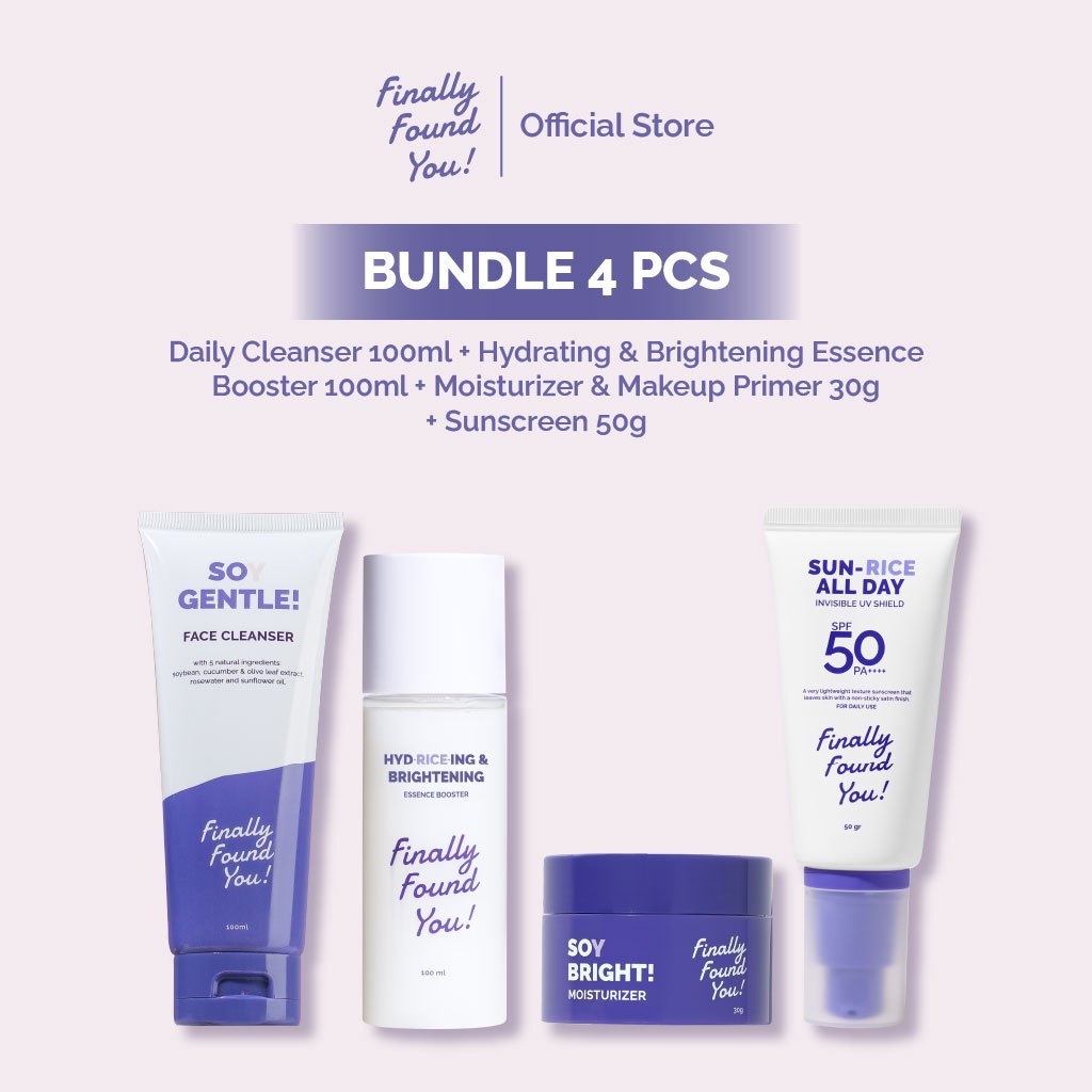 Finally Found You! BUNDLE BASIC SKINCARE: Soy Gentle Face Cleanser + HYDRICEING & BRIGHTENING Essence Booster + Soy Bright Moisturizer & SUN-RICE ALL DAY Invisible UV Shield