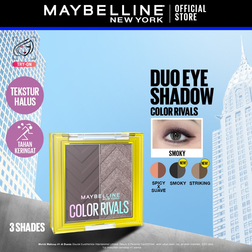 Maybelline Color Rivals Duo Shadow – Eyeshadow Waterproof Pigmented Glitter Tekstur Halus Tahan Seharian Easy to Blend