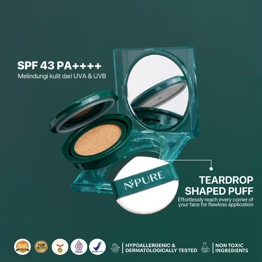 NEW BUNDLE - NPURE Centella Asiatica Flawless Matte Power Cushion + Power Glow Lip Oil Rose Pink Marigold Peach / Set Makeup / Daily Use / Makeup Harian / Makeup kulit Berjerawat / Makeup Bibir Kering