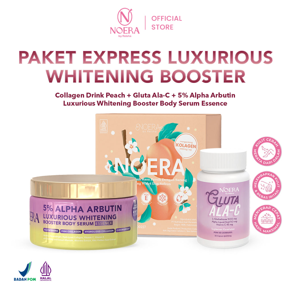 Noera Paket Express Luxurious Whitening Booster | Gluta ALA-C, Collagen Drink Improved Formula, & 5% ALPHA ARBUTIN Luxurious Whitening Booster Body Serum Essence