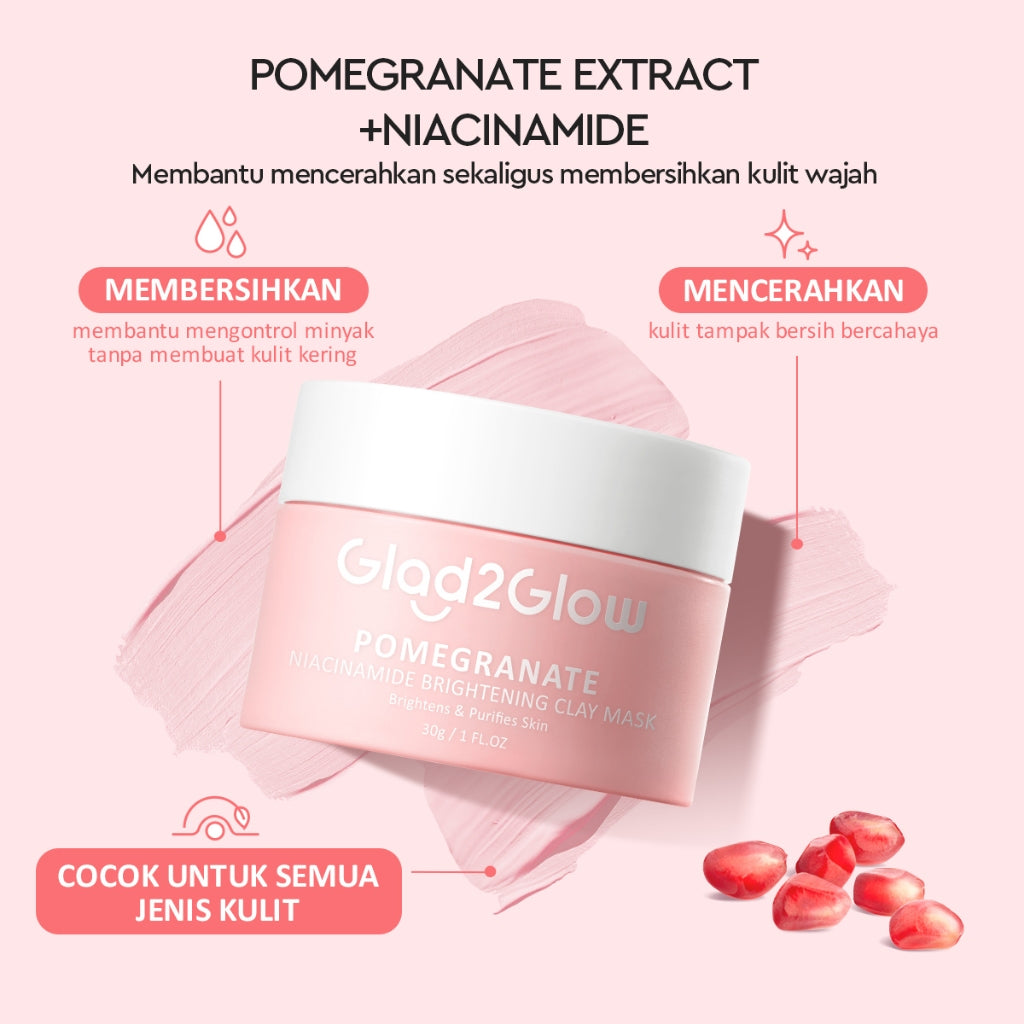 Glad2Glow Pomegranate Niacinamide Brightening Clay Mask Masker Wajah Masker Pencerah Mud Mask Masker Niacinamide  Masker Merah Muda Pink Masker Komedo Masker Glad2Glow Clay Mask Masker G2G Clay Masker Gel Mask Sheetmask Skincare Bpom G2Glow Official Store
